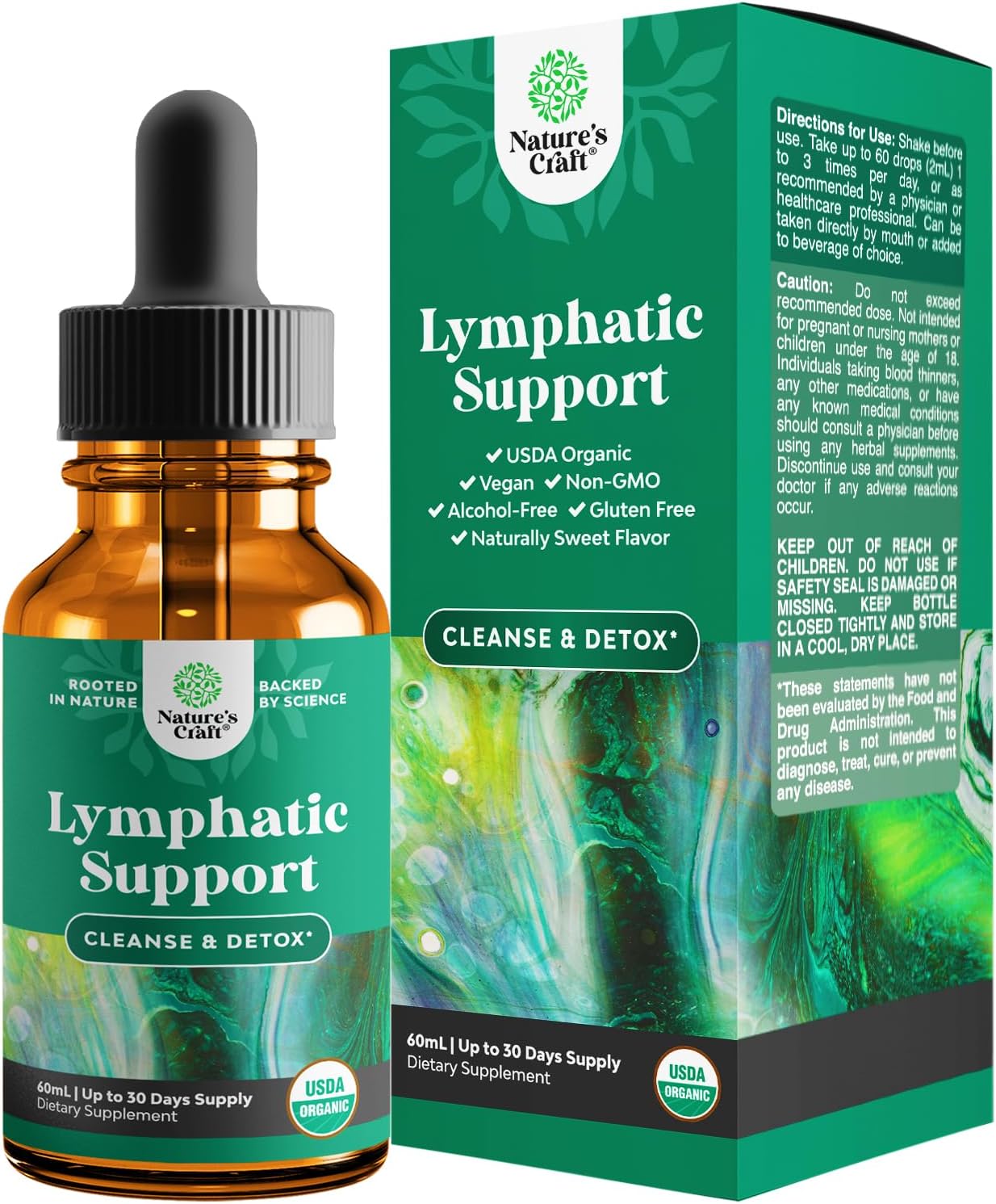 Certified Organic Lymphatic Drainage Drops - Herbal Lymphatic Cleanse and Immune Support Supplement with Echinacea Goldenseal & Red Clover Extract - Vegan Non GMO Alcohol and Sugar Free - 30 Servings