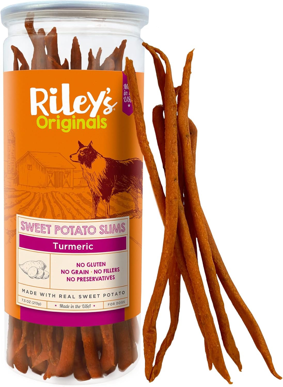 Riley'S Slims Dried Sweet Potato Dog Treats - Dehydrated Sweet Potato Chews With Turmeric For Dogs - Limited Ingredient Usa Sourced Chicken - Dog Treats Made In The Usa - 7.5 Oz
