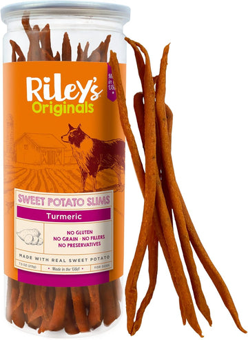 Riley'S Slims Dried Sweet Potato Dog Treats - Dehydrated Sweet Potato Chews With Turmeric For Dogs - Limited Ingredient Usa Sourced Chicken - Dog Treats Made In The Usa - 7.5 Oz