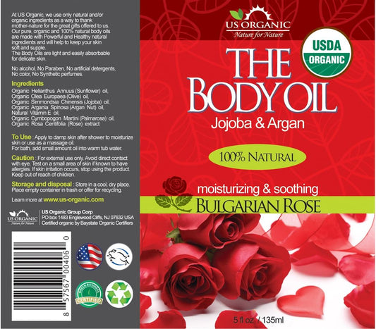 US Organic Body Oil - Romantic Sexy Bulgarian Rose- Jojoba and Argan Oil with Vitamin E, USDA Certified Organic, No Alcohol, Paraben, Artificial Detergents, Color or Synthetic perfume (Bulgarian Rose)