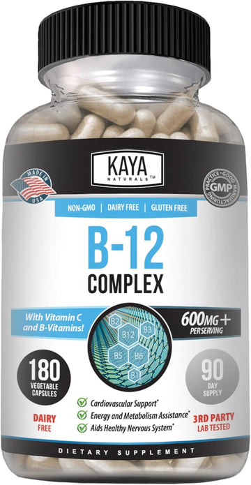 Kaya Naturals B-12 Complex | Multivitamin Supplement For Women & Men | Energy And Metabolism Booster | Vitamin Supplement With Biotin, Choline, Inositol, Folate, And Vitamin C – 180 Count