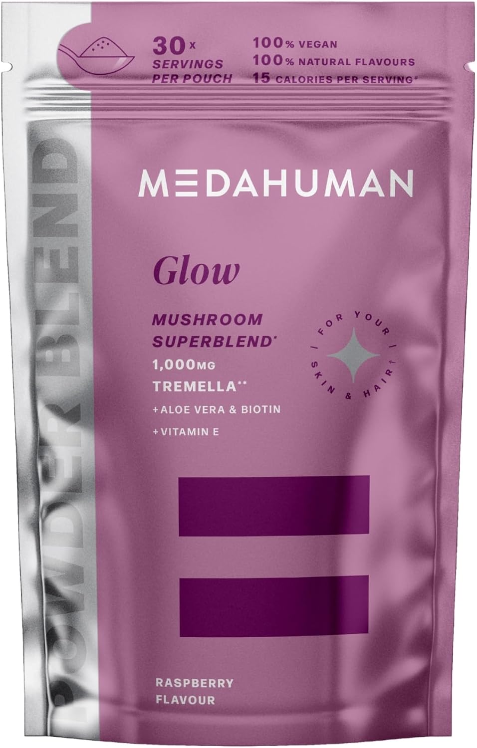 Medahuman® Glow | Tremella Mushroom Powder (30 Servings) | Adaptogen Superblend Mushroom Supplement With Biotin, Vitamin E And Aloe Vera To Promote Glowy Skin & Boost Collagen | Raspberry Flavour