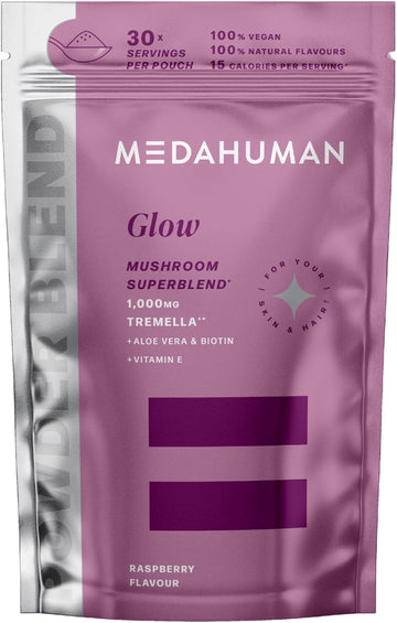 Medahuman® Glow | Tremella Mushroom Powder (30 Servings) | Adaptogen Superblend Mushroom Supplement With Biotin, Vitamin E And Aloe Vera To Promote Glowy Skin & Boost Collagen | Raspberry Flavour