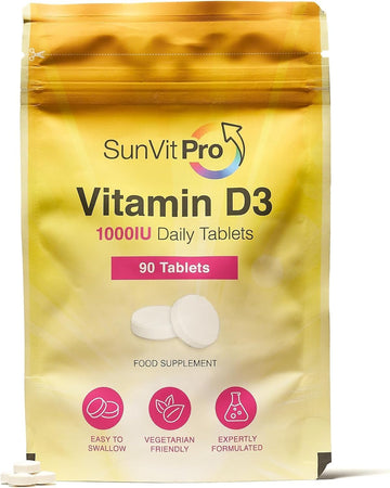 Sunvit-D3 Vitamin D 1000Iu - Cholecalciferol Vitamin D Tablets 1000Iu Support The Maintenance Of Bone, Teeth, Muscle & Immune System | Uk Made, Gmp Approved, Dairy & Gluten Free D3 Vitamins 90 Tablets