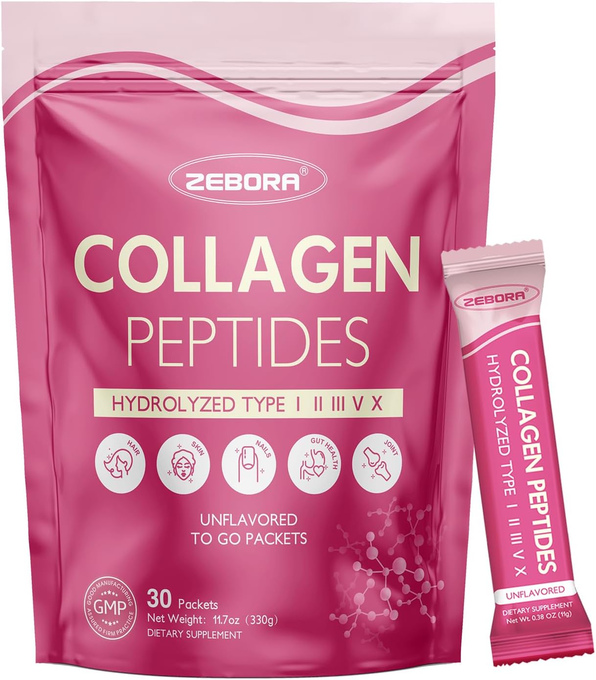 Zebora Collagen Peptides Powder Packets With Hyaluronic Acid, Biotin, Mct - Multi Hydrolyzed Collagen With 5 Billion Probiotics - Support Skin Hair Nail Joints & Gut Health - 30 Stick Packs