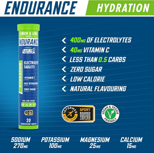 Applied Nutrition Endurance Hydration Electrolyte Tablets - 400Mg Electrolytes Per Serving – 20 Effervescent Tablets, Sugar Free, Low Calorie, Added Vitamin C Boost Performance – Lemon & Lime