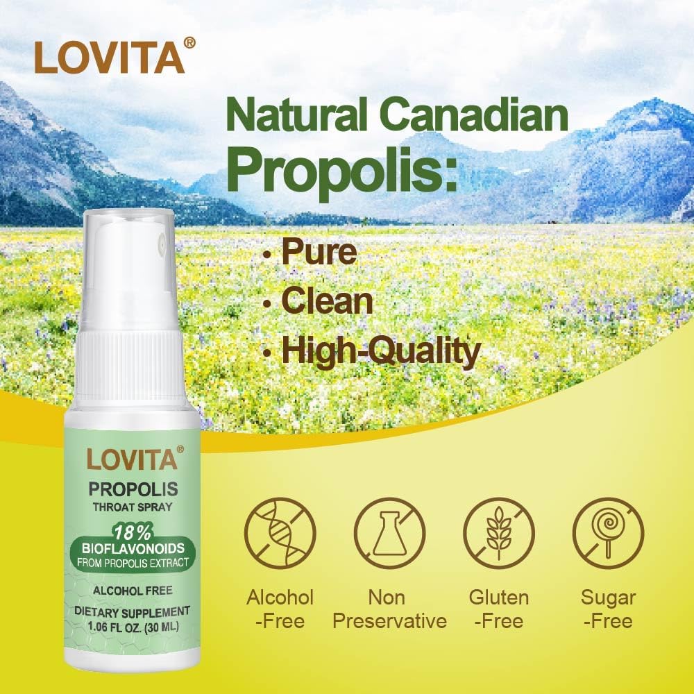 Lovita Propolis Throat Spray, 18% Bioflavonoids, Sore Throat Relief, Alcohol-Free, Gentle And Tasty, 1 Fl Oz : Health & Household