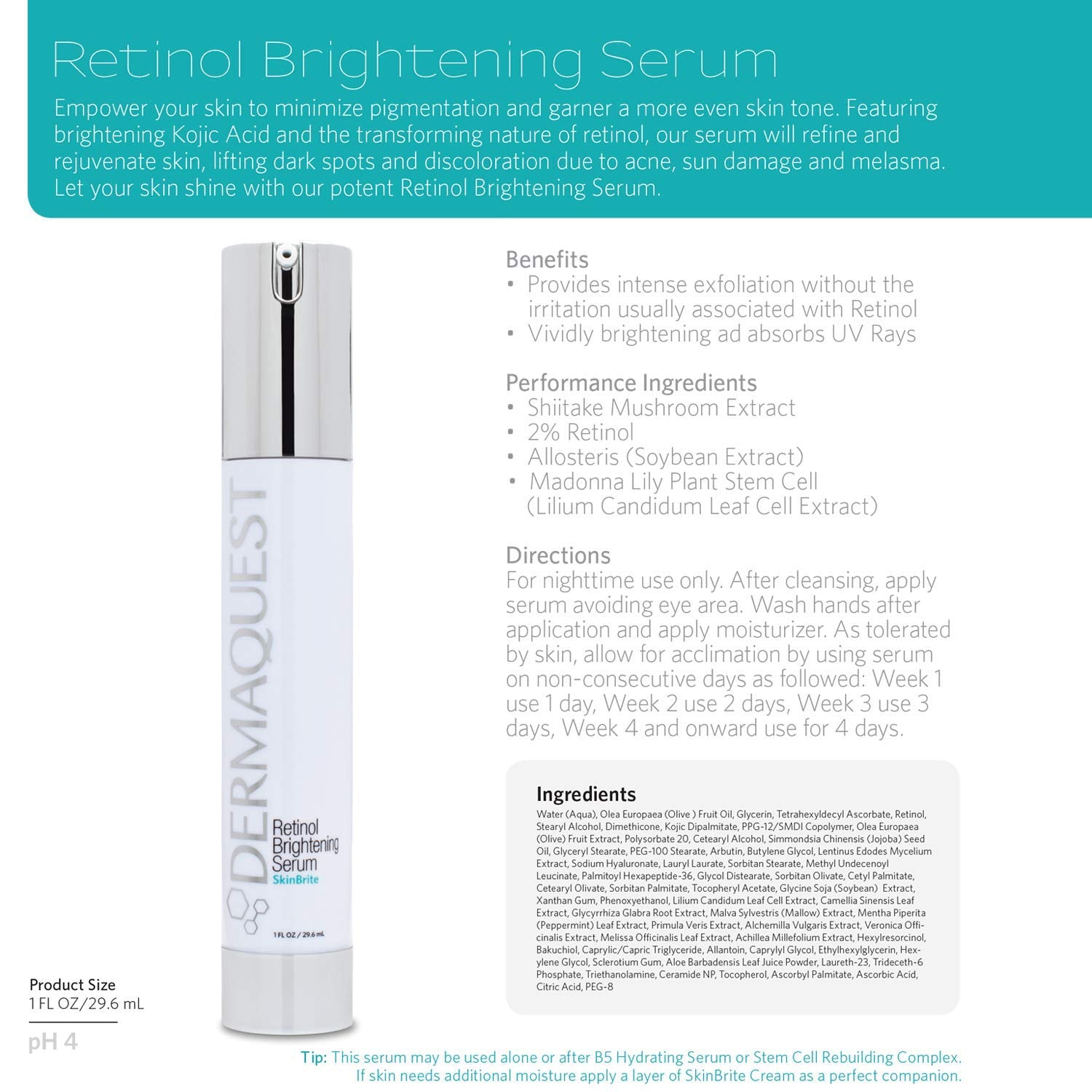 Dermaquest Skinbrite Skin Brightening Retinol Serum - Nighttime Anti Aging Facial Serum Treatment For Dark Spots, Pigmentation & Sun Damage - Anti Irritation Formula (1Oz) : Beauty & Personal Care