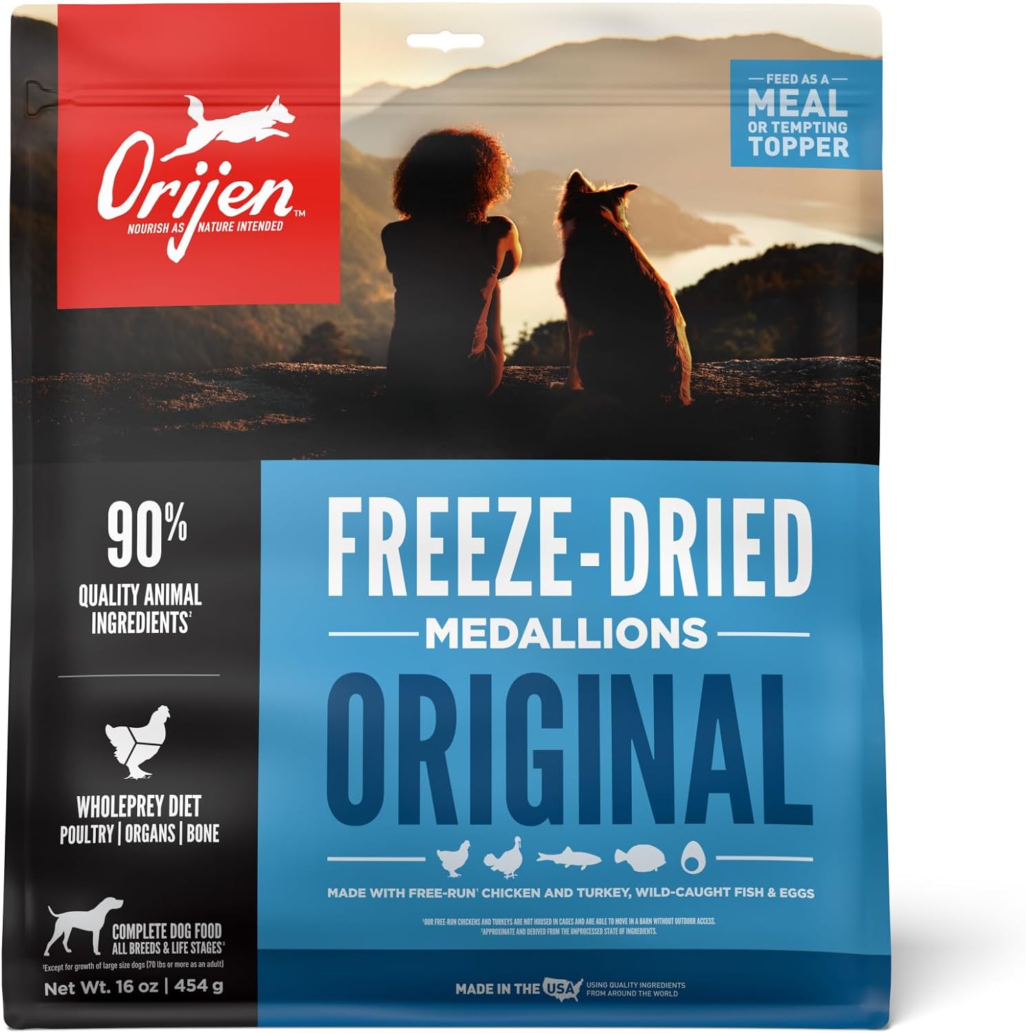 Orijen Original Freeze Dried Medallions, Grain Free Dry Dog Food And Topper, Wholeprey Ingredients, 16 Oz