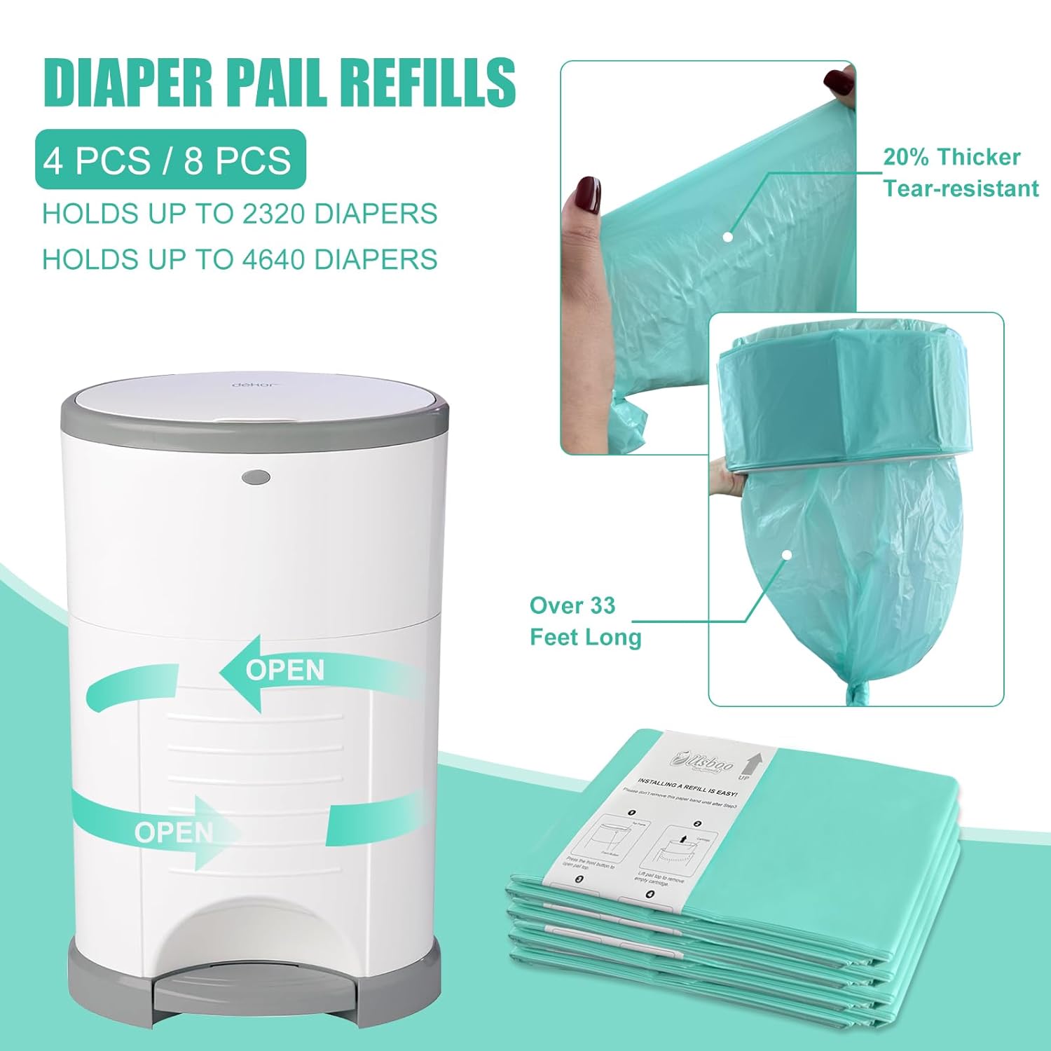 Refills Compatible With Dekor Plus Diaper Pail,8 Pack Disposable Diaper Pail Refills, Reinforced Thickness Diaper Trash Bags, Holds Up To 4640 Diapers,Tropical Fruit
