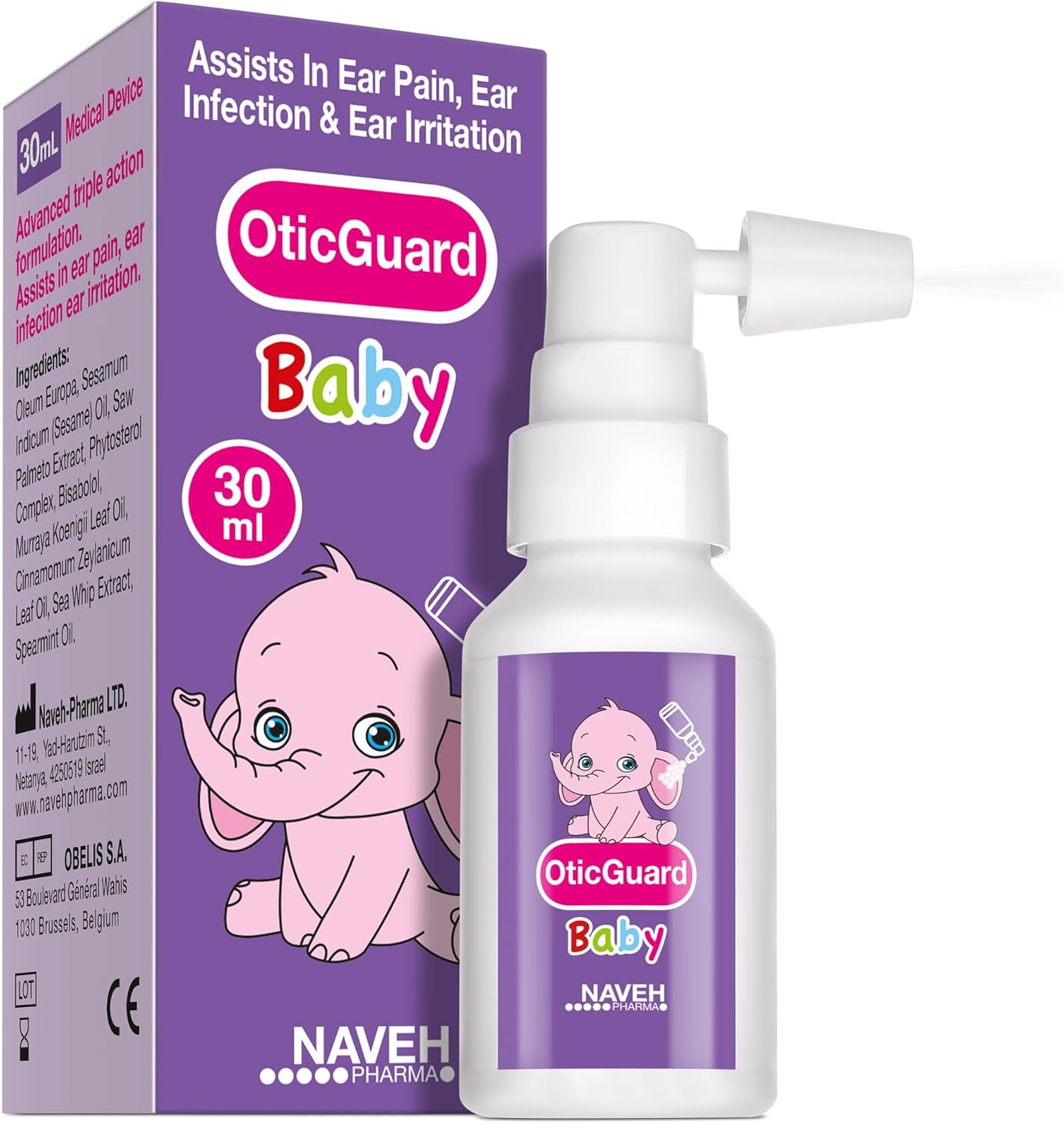 Naveh Pharma Otic Guard Baby - Natural Ear Spray Drops | Organic Herbal Sweet Oil Blend 3 In 1| Itchy Ear, Swimmer'S Ear, & Ear Wax Removal | Clogged Ears | 1 Fl Oz