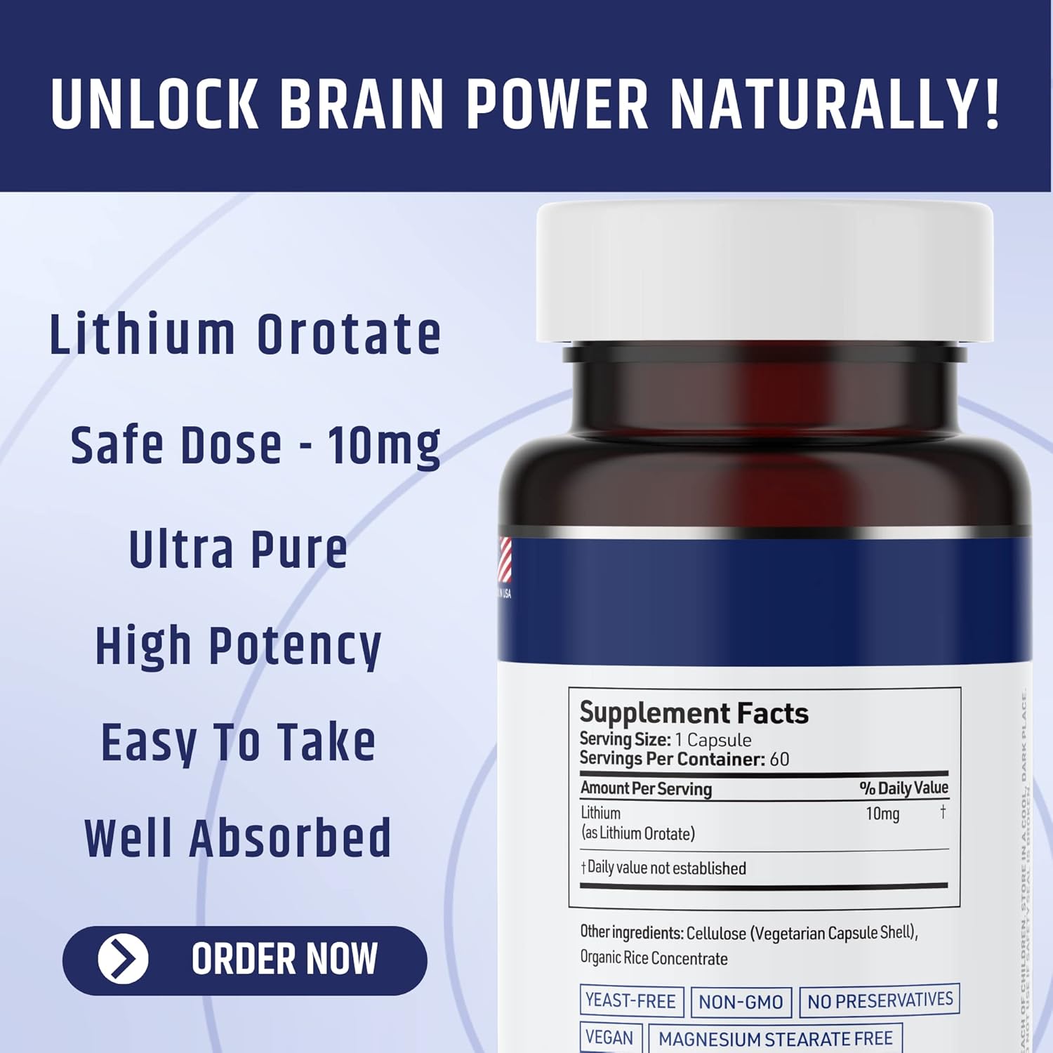 Lithium Orotate Supplement 10Mg, 60 Vegetarian Capsules. Supports Memory And Emotional Wellness. Magnesium Stearate Free Supplements. (1)