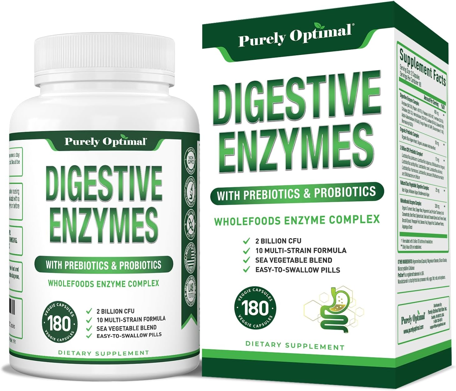 Purely Optimal Digestive Enzyme Supplement - Comprehensive Gut Health Support With 12 Enzymes, Probiotics & Prebiotics - Relief For Bloating, Gas & Digestive Discomfort - 180 Capsules