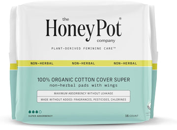 The Honey Pot Company - Pads For Women - Non-Herbal Super Pads W/Wings - Organic Pads For Women - Cotton Cover, & Ultra-Absorbent Pulp Core - Sanitary Pads - Feminine Care - Fsa Eligible - 16 Ct