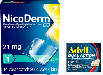 Nicoderm Cq Step 1 Nicotine Patches To Quit Smoking - 21 Mg, Stop Smoking Aid, 14 Count (2-Week Kit) Plus Advil Dual Action Coated Caplets With Acetaminophen, 2 Count