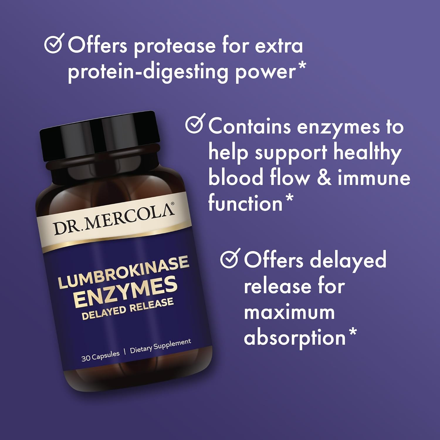 Dr. Mercola Lumbrokinase Enzymes Delayed Release, 30 Servings (30 Capsules), Dietary Supplement, Supports Cognitive and Cardiovascular Health, Non GMO : Health & Household