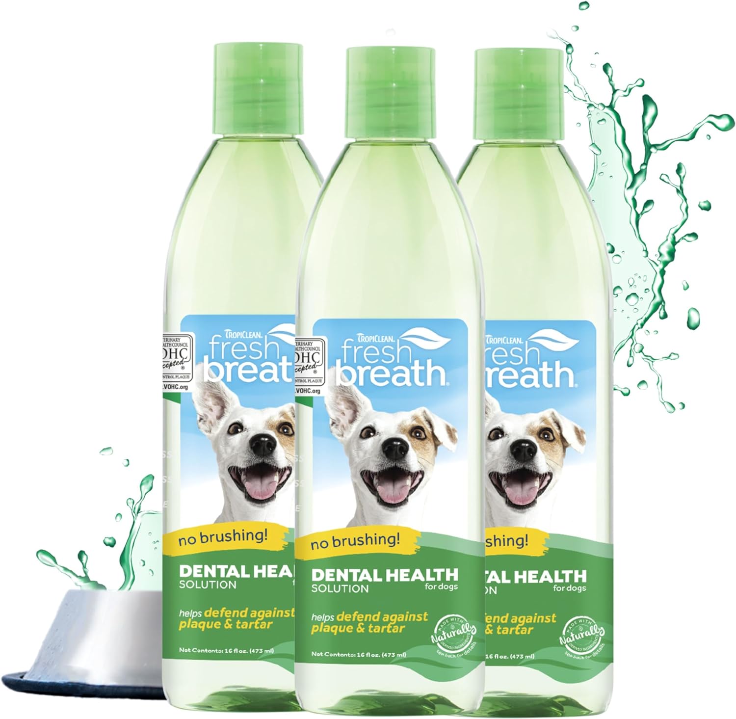 TropiClean Fresh Breath Water Additive | Dog Oral Care Water Additive for Dog Breath and Dental Health | VOHC Certified | Made in The USA | 16 Ounce | Pack of 3