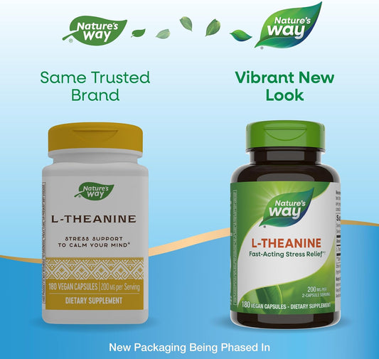 Nature'S Way L-Theanine, Stress Support*, Promotes Relaxation*, 200 Mg Per 2-Capsule Serving, Vegan, 180 Capsules (Packaging May Vary)