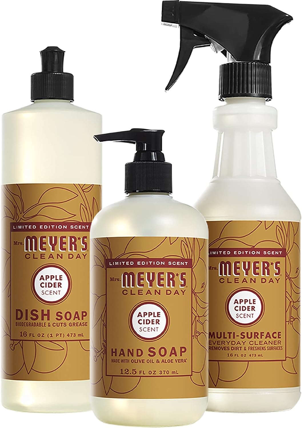 Mrs. Meyer's Kitchen Set, Dish Soap, Hand Soap, and Multi-Surface Cleaner, 3 CT (Apple Cider)