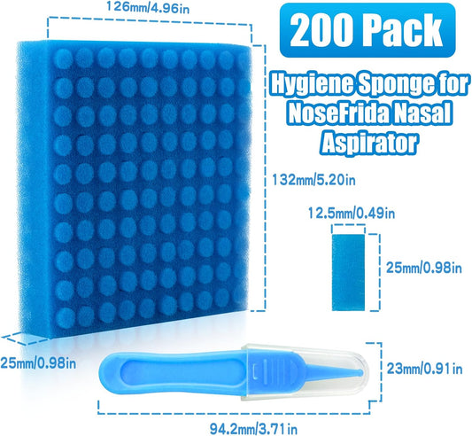 Nasal Aspirator Hygiene Sponges 200PCS, Replacement for NoseFrida Nasal Aspirator Sponges Safe Environmental, BPA, Phthalate & Latex-Free (200 Count +Tweezer)