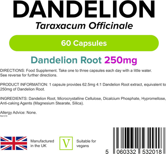 Lindens Dandelion 250mg - 60 Capsules - UK Made - Water Retention, Detox & Cleanse - Taraxacum Officinale - High Strength Root Extract - Traditional Herbal Supplement - GMP & Letterbox Friendly