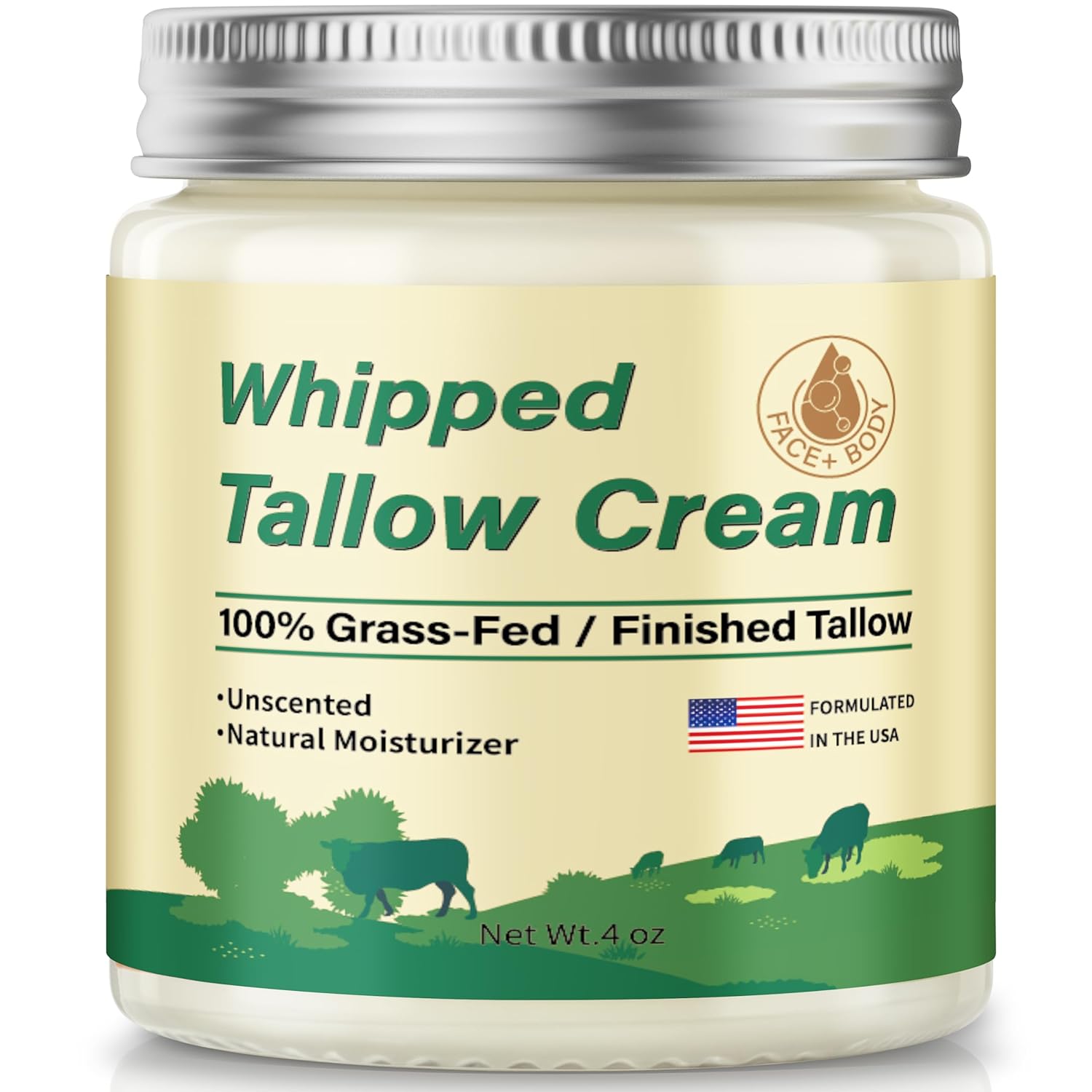 Beef Tallow For Skin, Organic Grass Fed Whipped Beef Tallow Moisturizer Deeply Nourishing For Face & Body, Natural Unscented Tallow Face Moisturizer Smooth Soft For Dry Skin, 4Oz