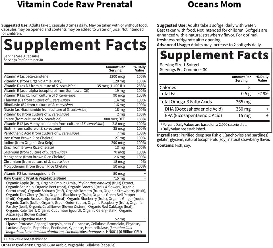 Garden Of Life Prenatal Multi + Dha Bundle: Vitamin Code Raw Prenatal Multivitamin With Folate, 90 Vegetarian Capsules Plus Oceans Mom Dha Once Daily, 350Mg Dha Fish Oil, 30 Strawberry Softgels