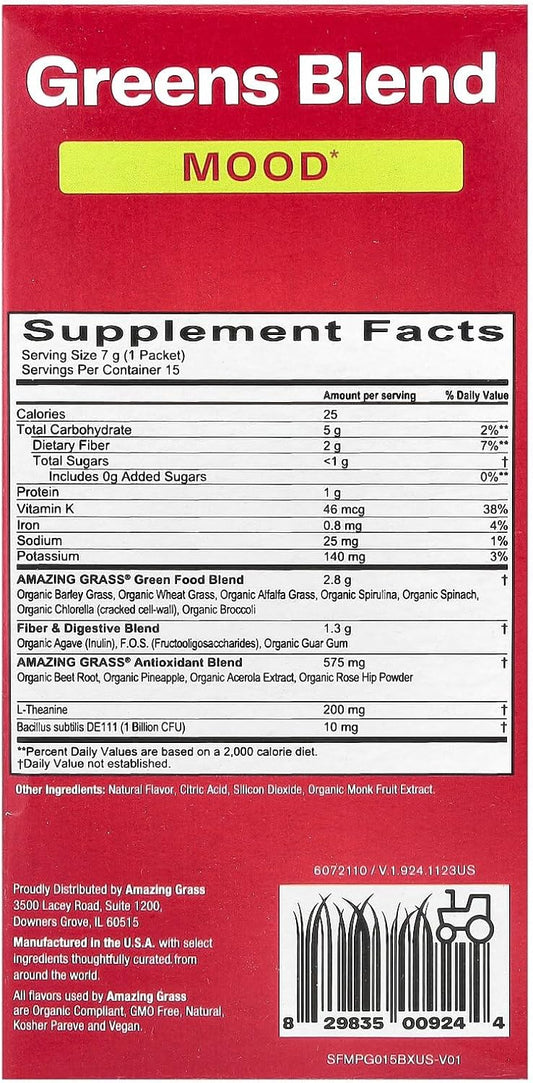 Amazing Grass Greens Blend Mood: Super Greens Powder Smoothie Mix For Mood, Relaxation & Stress Support With Organic Spirulina, Chlorella, Beet Root Powder, Digestive Enzymes & Probiotics, 15 Servings