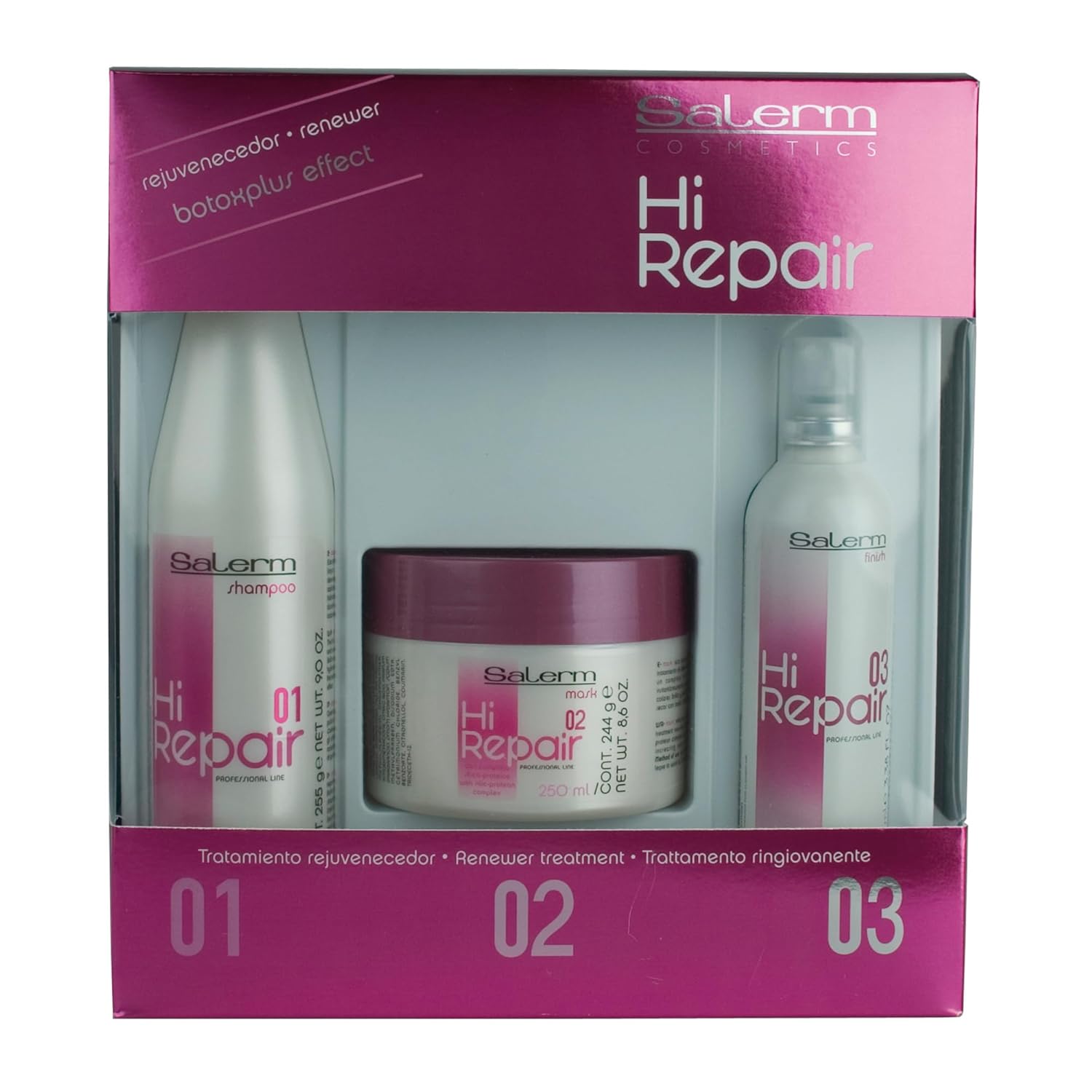 Salerm - Damaged Hair Repair Treatment - Hi Repair Pack With Shampoo 250 Ml + Mask 250 Ml + Finish 100 Ml - Deep Hydration For Damaged Hair - Revitalizes And Rejuvenates - Immediate Effect
