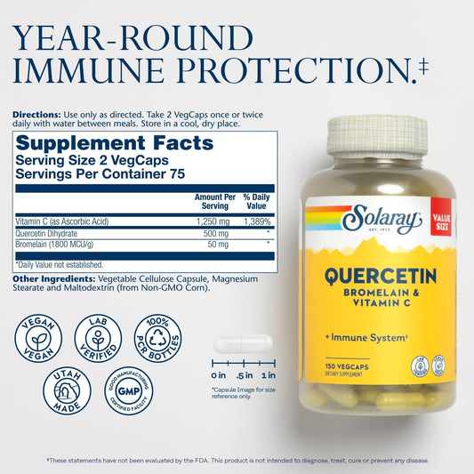 Solaray Quercetin With Bromelain And Vitamin C - Immune Support Supplement - Antioxidant And Heart Health Complex With Quercetin 500Mg And 1235Mg Vit C - Vegan, 60-Day Guarantee, 75 Serv, 150 Vegcaps