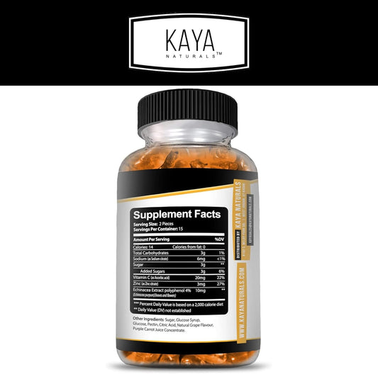 Kaya Naturals Immune Support Gummies, Zinc, Vitamin C & Echinacea, Great Flavored Gummy Vitamin Supplement 30 Count