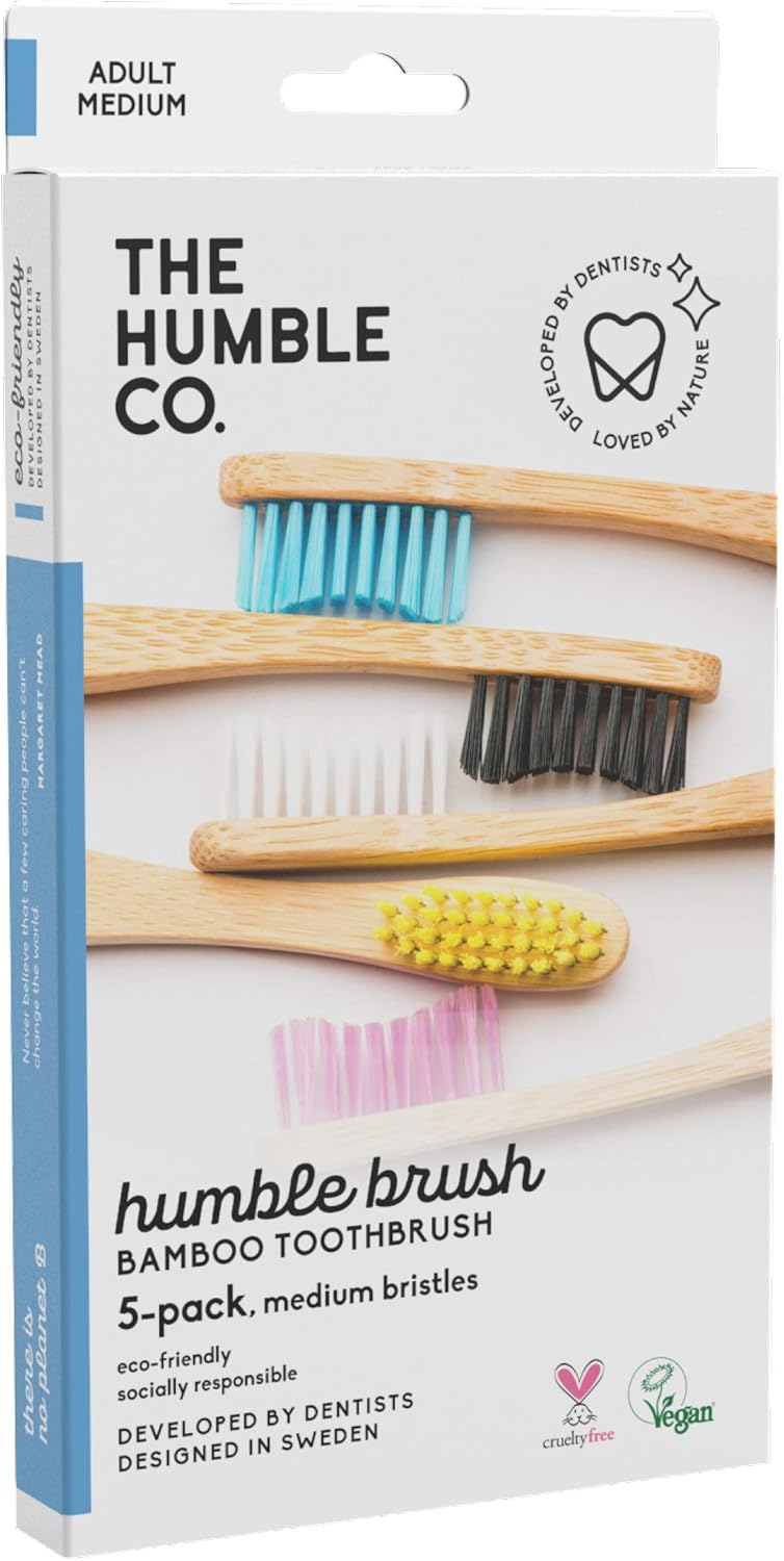The Humble Co. Bamboo Toothbrush Family Pack (5-P) | Medium Bristles | Biodegradable, Eco-Friendly, Vegan For Your Everyday Oral Care, Dentist Approved
