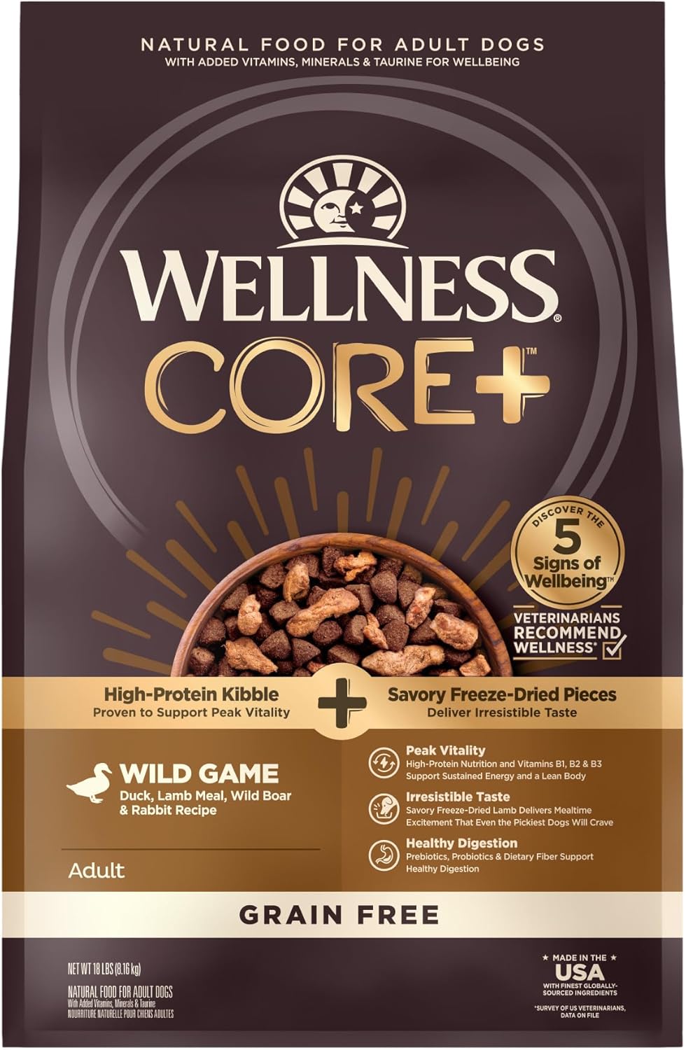 Wellness Core+ (Formerly Rawrev) Natural Grain Free Dry Dog Food, Wild Game Duck, Wild Boar & Rabbit With Freeze Dried Lamb, 18-Pound Bag