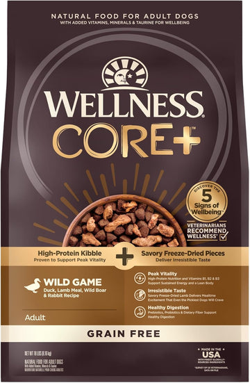 Wellness Core+ (Formerly Rawrev) Natural Grain Free Dry Dog Food, Wild Game Duck, Wild Boar & Rabbit With Freeze Dried Lamb, 18-Pound Bag