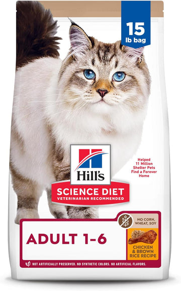 Hill'S Science Diet Adult 1-6, Adult 1-6 Premium Nutrition, Dry Cat Food, No Corn, Wheat, Soy Chicken & Brown Rice Recipe, 15 Lb Bag