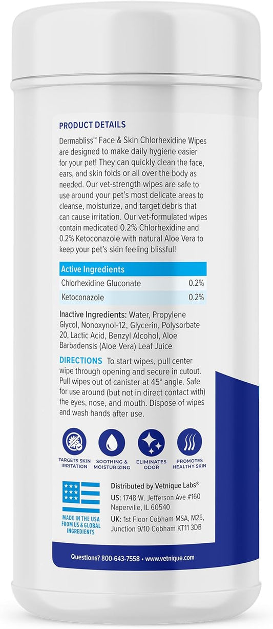 Vetnique Dermabliss Dog Face Wipes - Medicated Chlorhexidine Wipes For Dogs With Wrinkles, French Bulldog, English Bulldog Dog Grooming Wipes Cleaning & Deodorizing Dog Wipes 60Ct