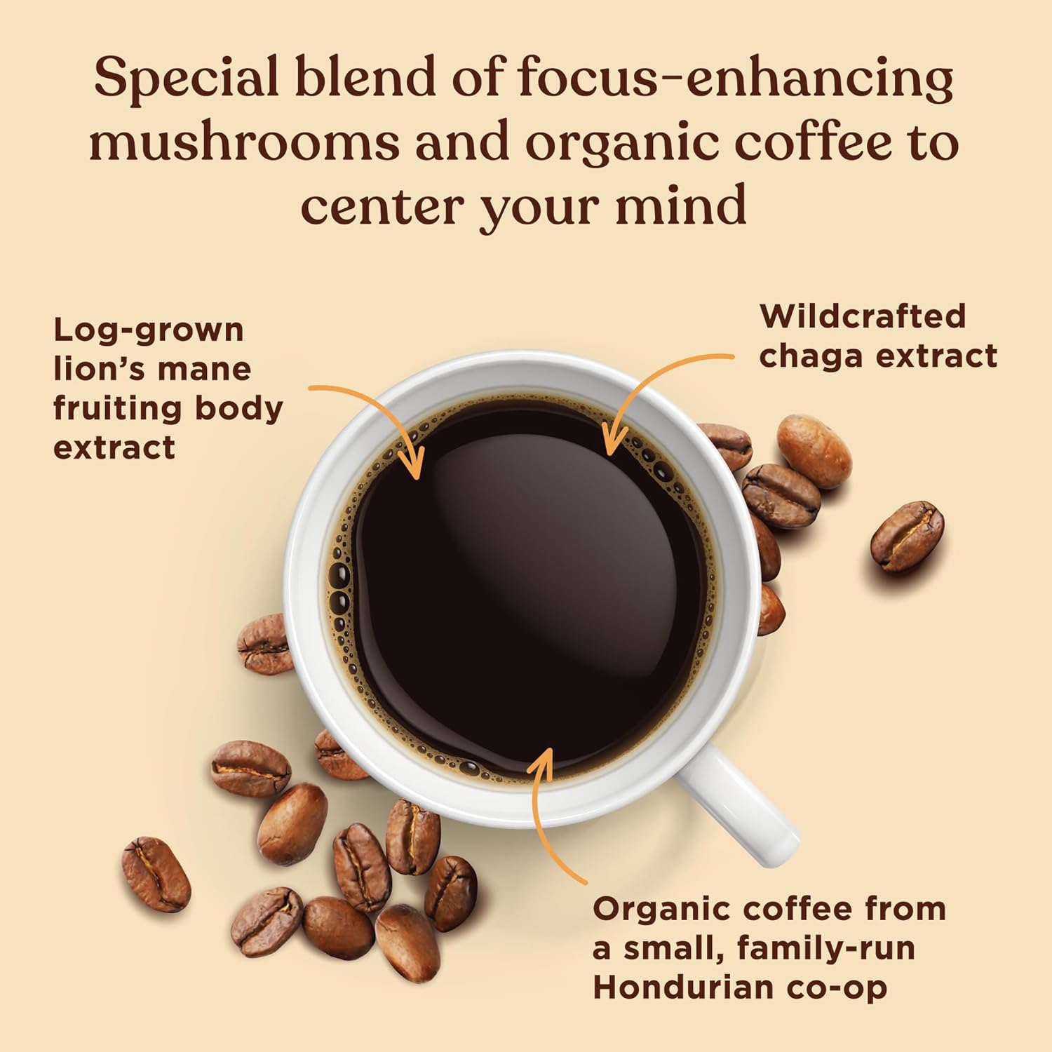 Dark Roast Organic Whole Bean Coffee by Four Sigmatic | Fair Trade Coffee Beans Coated with Lion's Mane, Chaga Mushrooms | Nootropic Mushroom Coffee for Enhanced Brain Function & Immune Support | 12oz : Grocery & Gourmet Food