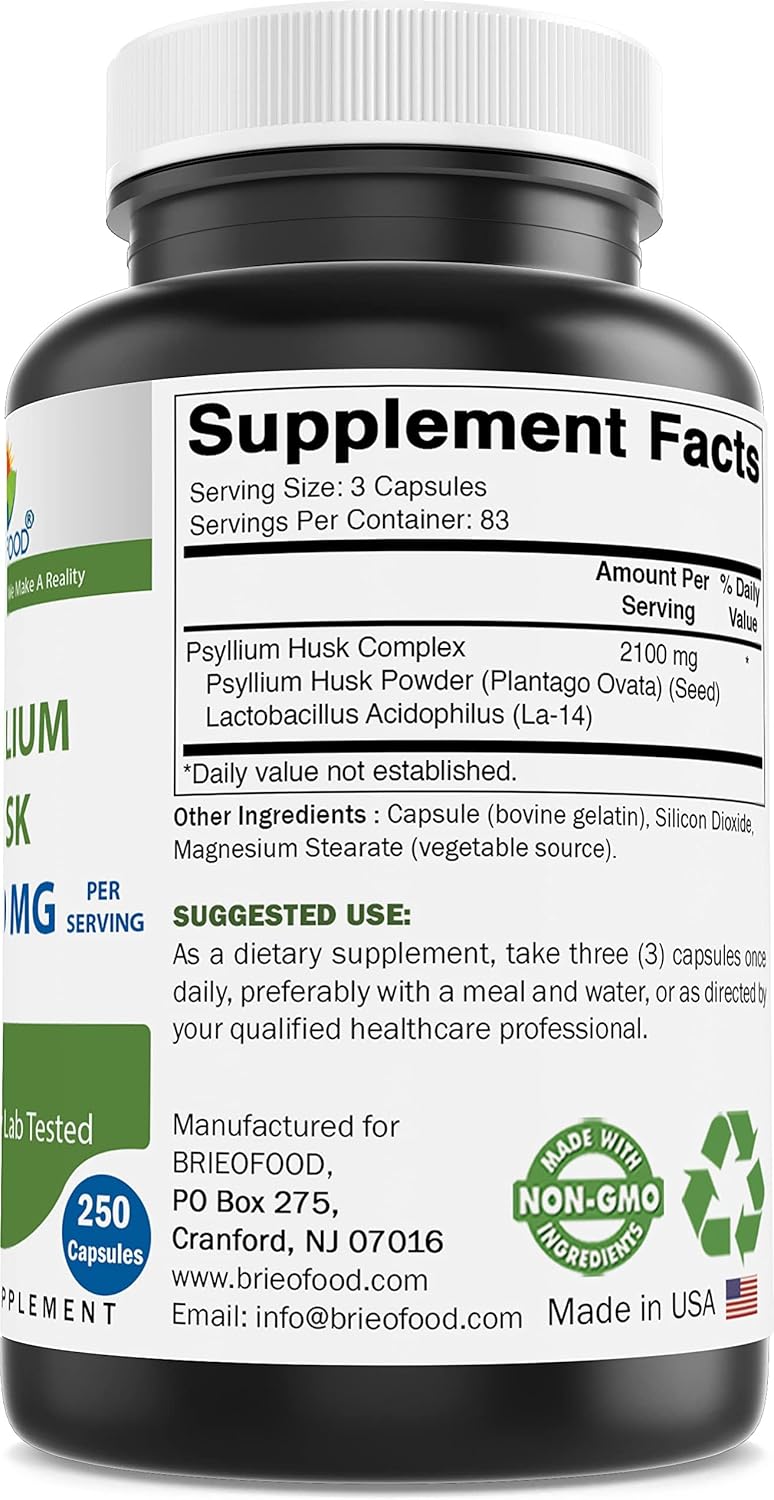 Brieofood Psyllium Husk Fiber Supplement With Lactobaciilus Acidophillus (La-14) - 2100Mg Per Serving - 250 Capsules - Helps Support Digestion, Intestinal Health & Regularity : Health & Household