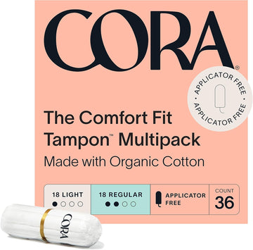 Cora Organic Tampons, Non-Applicator, 100% Organic Cotton | Ultra-Absorbent, Unscented, Natural, Non-Toxic, Applicator Free | Eco-Conscious (36 L/R Tampons)