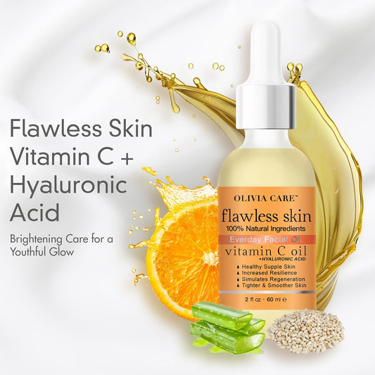 Olivia Care Vitamin C + Hyaluronic Acid Flawless Essential Facial Oil Acid 100% Natural, Reviving, Hydrating, Calming & Soothing. Stabilize & Retain Moisture 2 Fl Oz (Vitamin C)