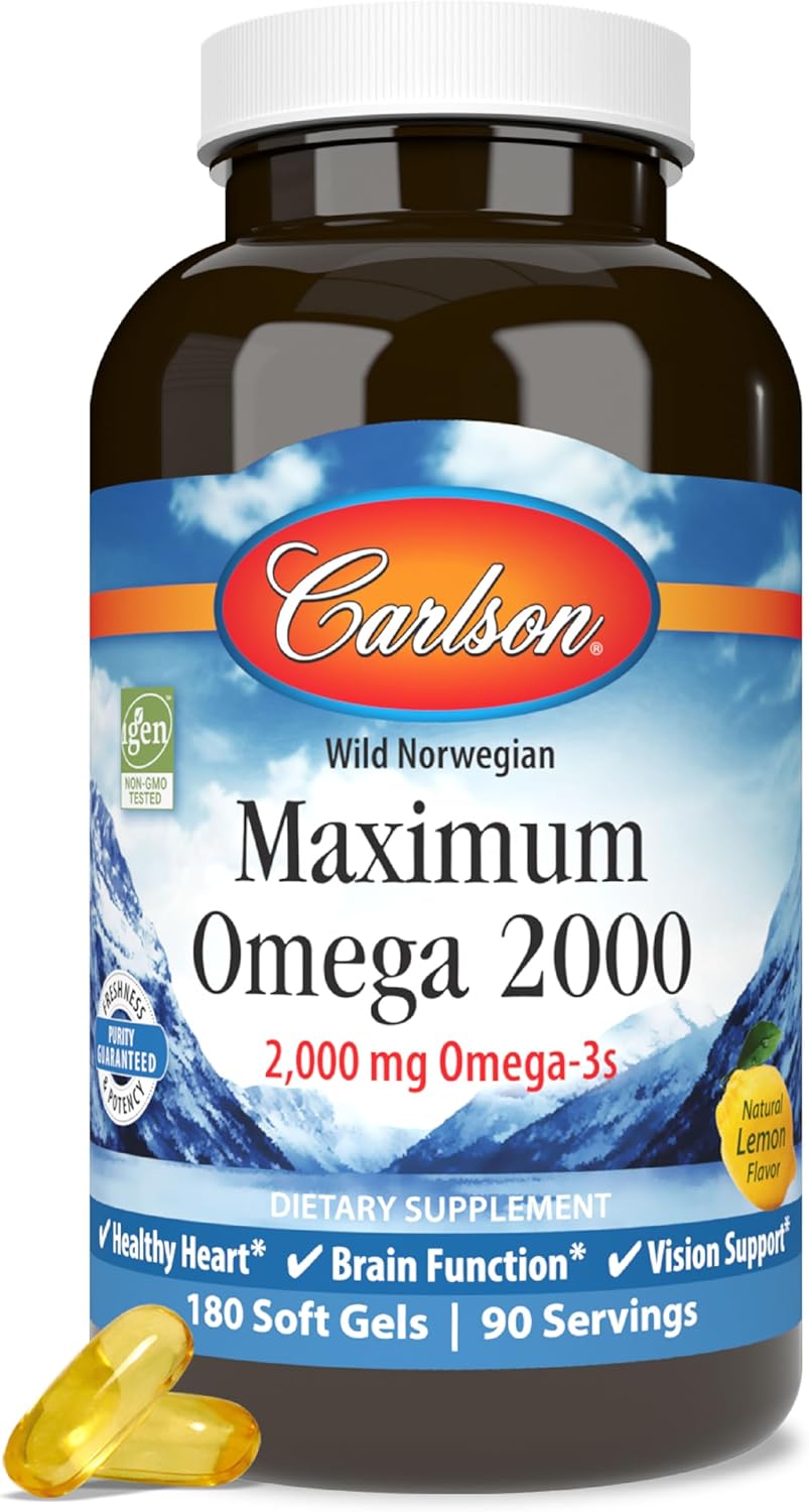 Carlson - Maximum Omega 2000, 2000 Mg Omega-3 Fatty Acids Including Epa And Dha, Wild-Caught, Norwegian Fish Oil Supplement, Sustainably Sourced Fish Oil Capsules, Lemon, 180 Softgels