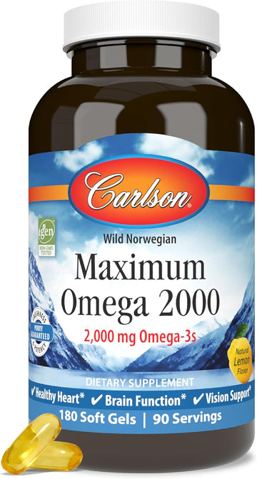 Carlson - Maximum Omega 2000, 2000 Mg Omega-3 Fatty Acids Including Epa And Dha, Wild-Caught, Norwegian Fish Oil Supplement, Sustainably Sourced Fish Oil Capsules, Lemon, 180 Softgels