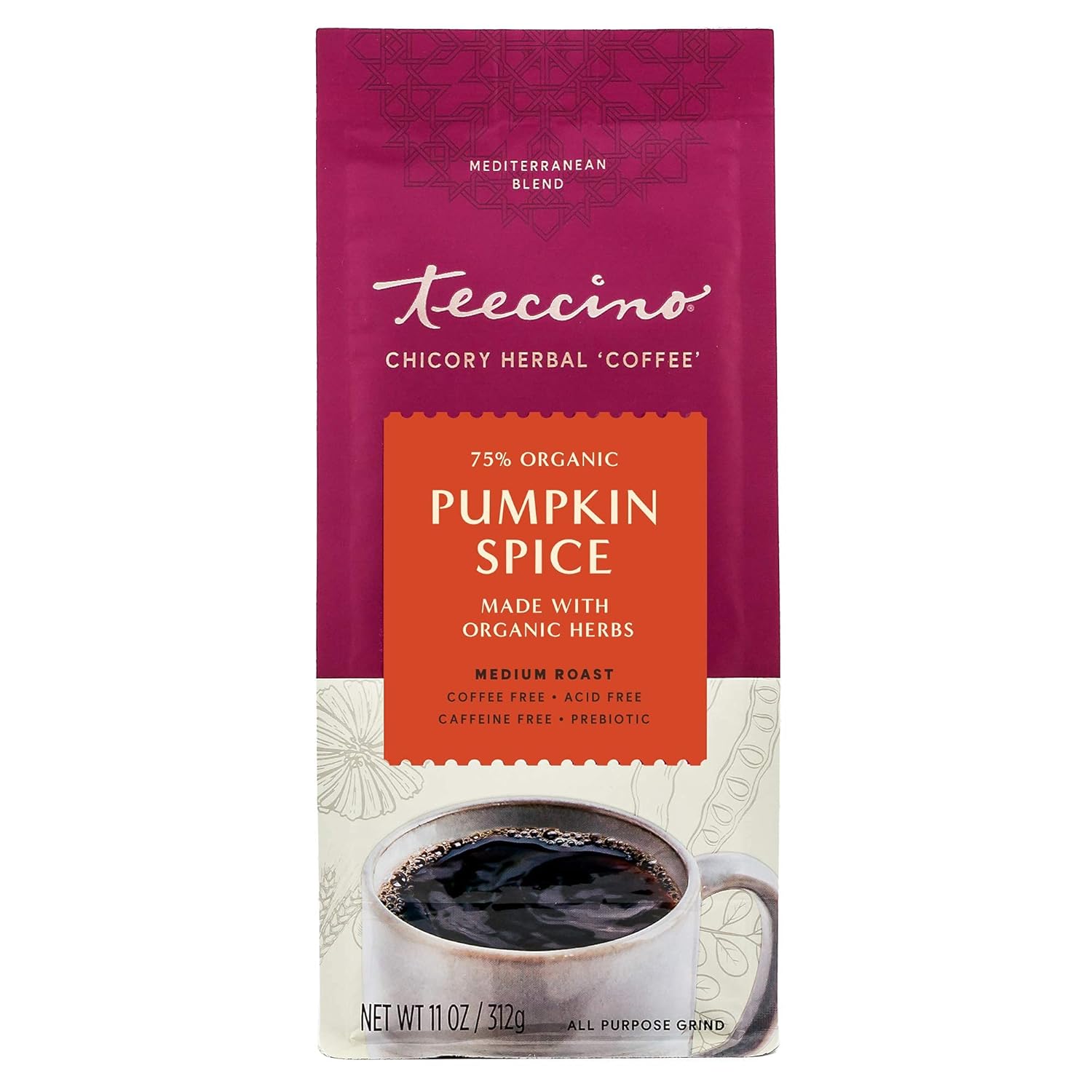 Teeccino Chicory Coffee Alternative – Pumpkin Spice – Fall’S Favorite Hot Beverage That’S Prebiotic, Caffeine-Free & Acid Free, Medium Roast, 11 Ounce