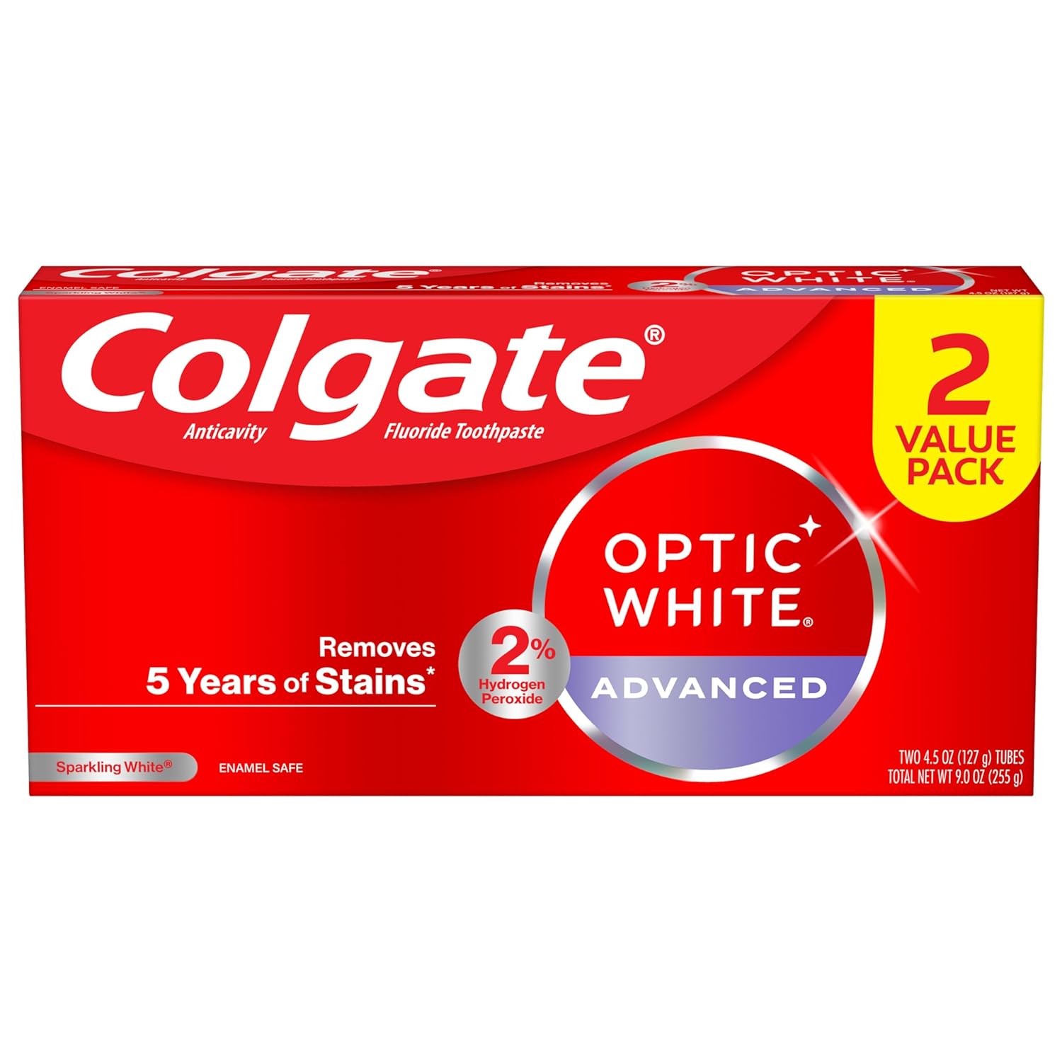 Colgate Optic White Advanced Teeth Whitening Toothpaste, 2% Hydrogen Peroxide Toothpaste, Sparkling White, 4.5 Oz, 2 Pack