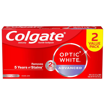 Colgate Optic White Advanced Teeth Whitening Toothpaste, 2% Hydrogen Peroxide Toothpaste, Sparkling White, 4.5 Oz, 2 Pack