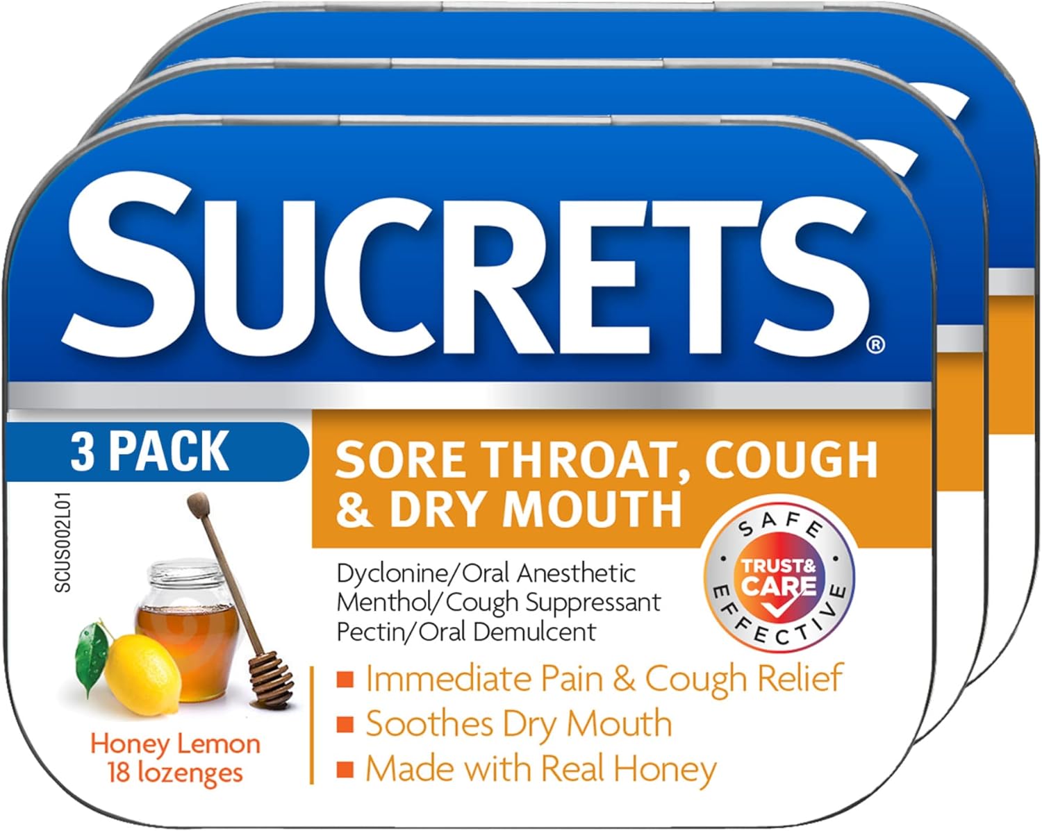 Sucrets Sore Throat & Cough Lozenges, Honey Lemon, 18 Count (3 Pack)