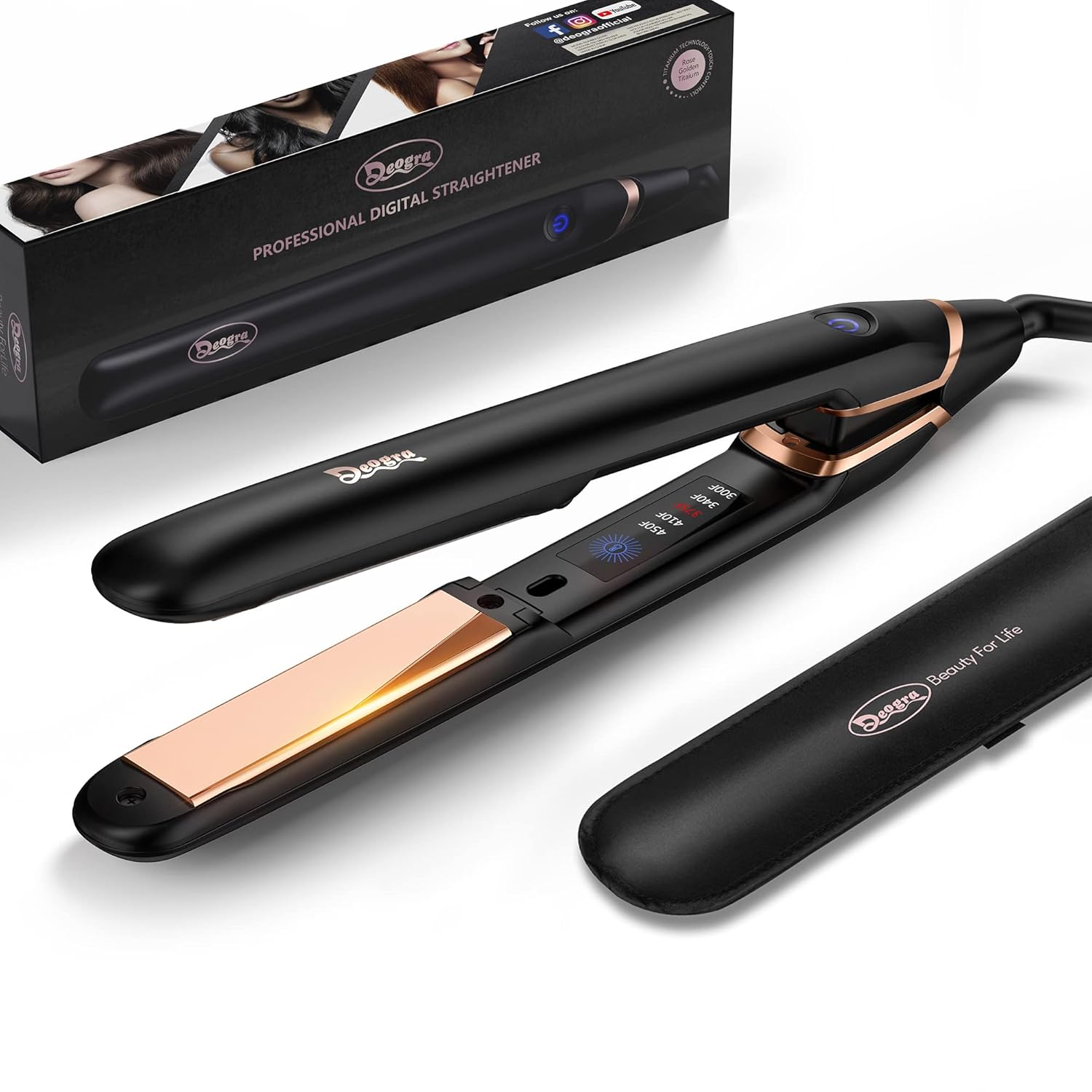 Titanium Hair Straightener And Curling Iron 2 In 1 For Women, Touch Control, With Travel Pouch, 1 Inch, Black