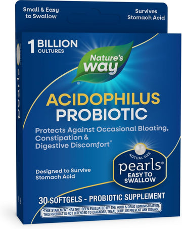 Nature'S Way Acidophilus Probiotic Pearls, Supports Digestive Balance*, Protects Against Occasional Constipation And Bloating*, 1 Billion Live Cultures, 30 Softgels (Packaging May Vary)