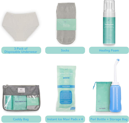 Mama & Wish Postpartum Recovery Kit - Includes Peri Bottle, Comfy Garments & Essentials for Women After Birth