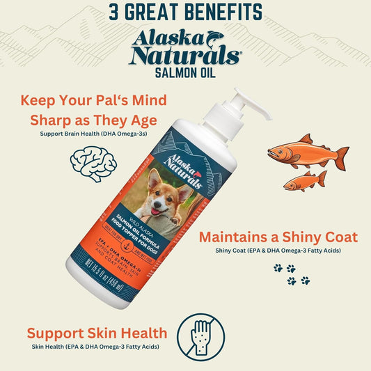 Alaska Naturals – Wild Alaska Salmon Oil Formula Dog Food Topper – EPA and DHA Omega-3 - Supplement for Healthy Skin, Shiny Coat – Made in The USA – 15.5 oz. Pump Bottle